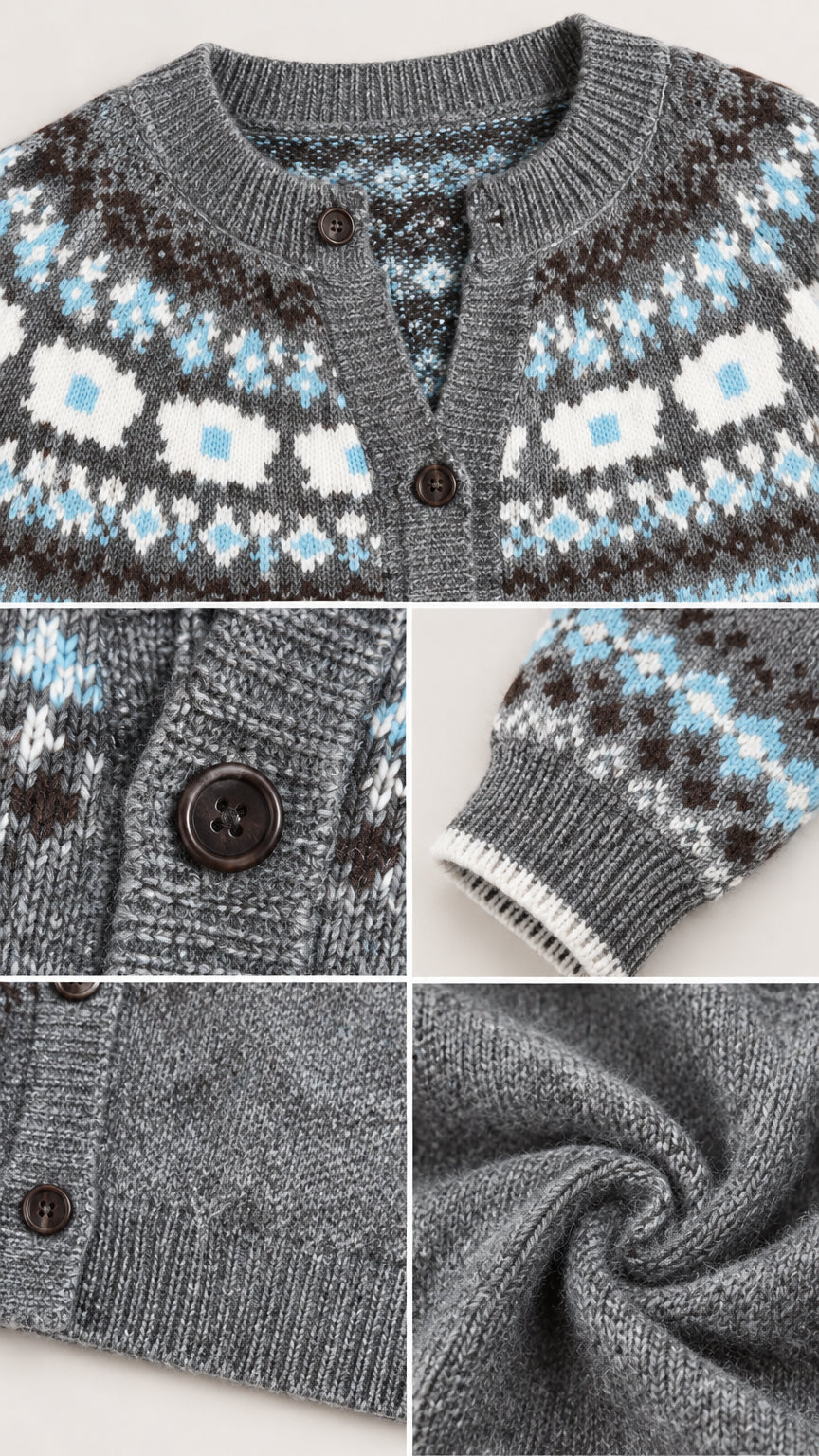 Close-up details of grey Fair Isle cardigan showing buttons, ribbed collar, cuff, and knit fabric texture