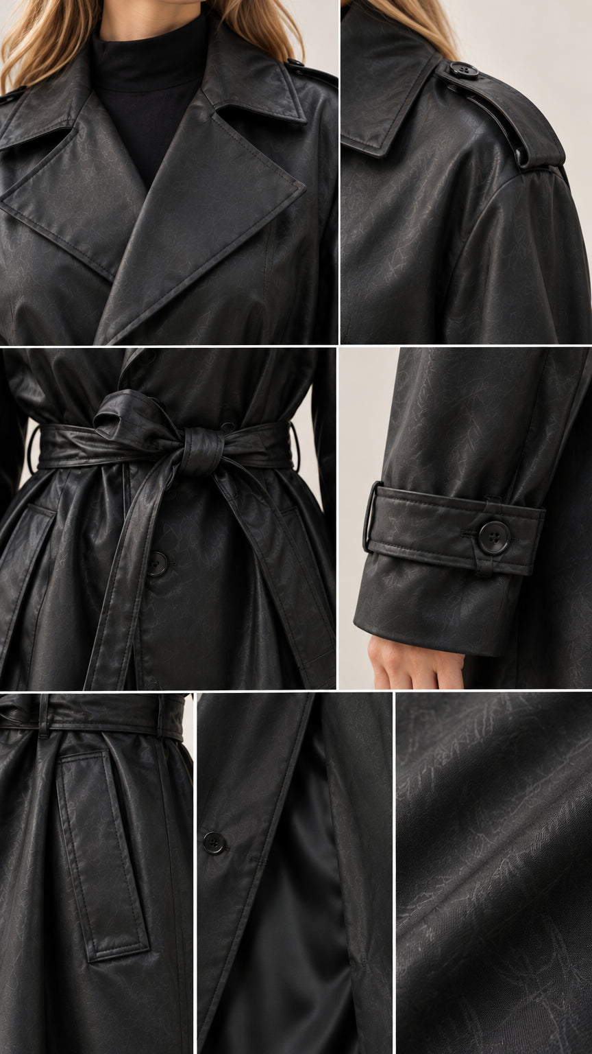 Close-up details of black faux leather trench coat including lapels, shoulder tabs, cuffs, and belt