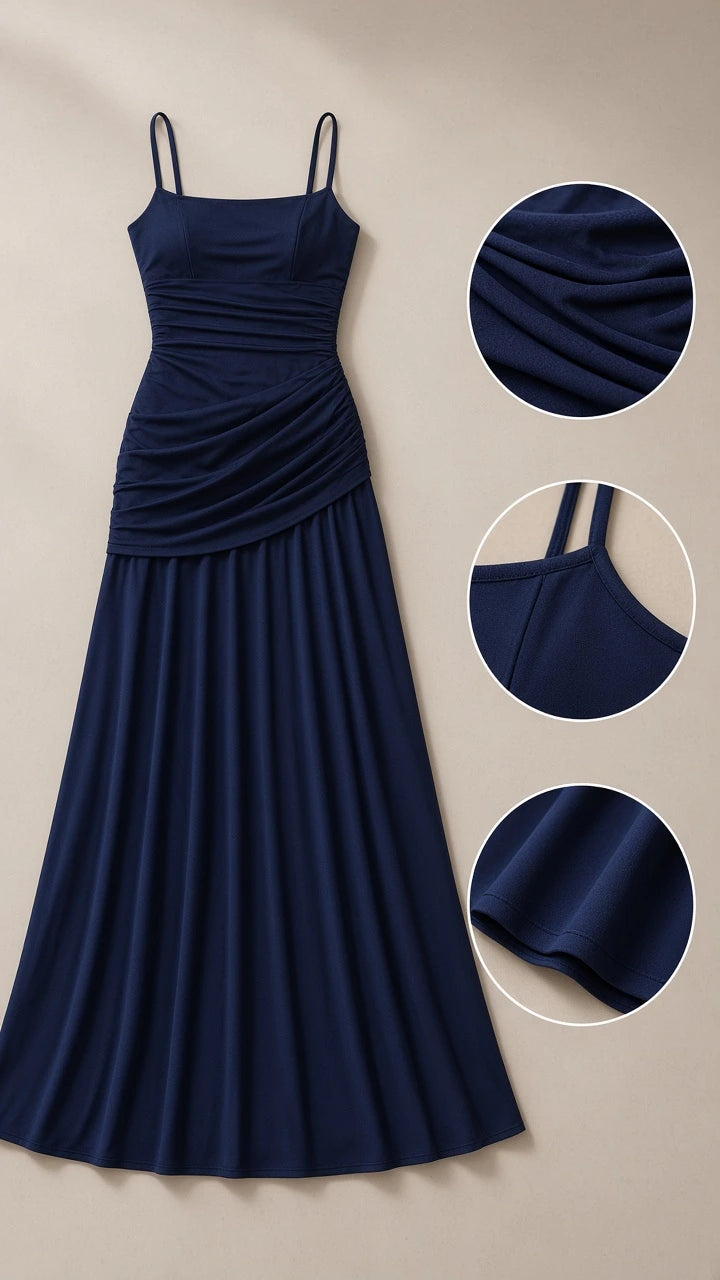 Product flat lay and detail views of Navy Blue ruched bodice maxi dress