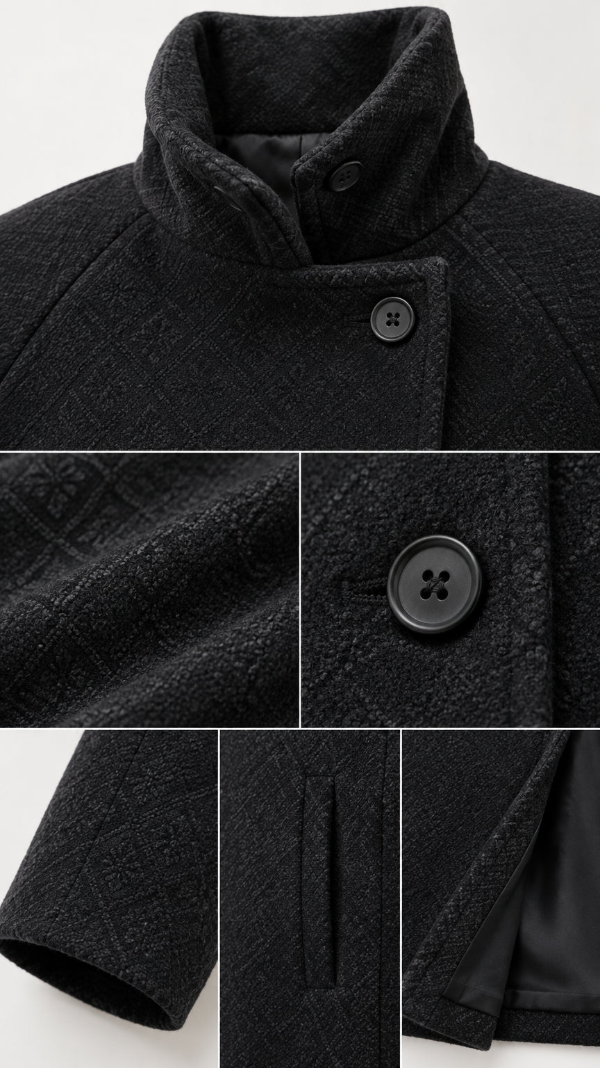 Close-up details of the funnel collar, buttons, textured fabric weave, and side pocket