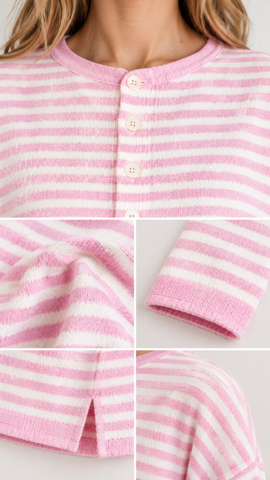 Detailed close-up collage of pink striped knit texture, buttons, cuff, and hem slit