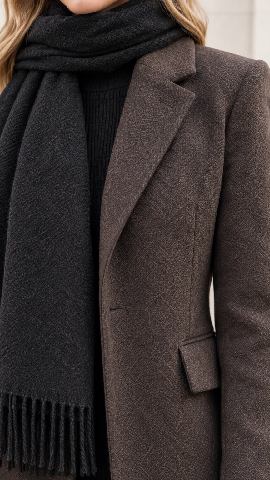 Close-up detail of dark brown coat textured fabric, notch lapel, and flap pocket