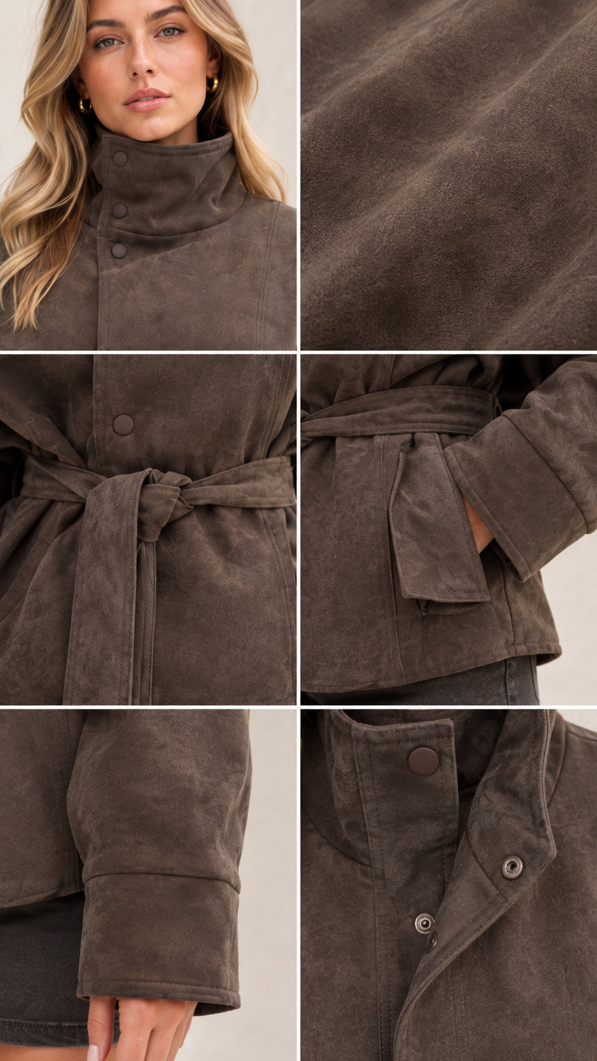 Close-up details of collar, fabric texture, tie belt, pocket, and cuff of brown jacket