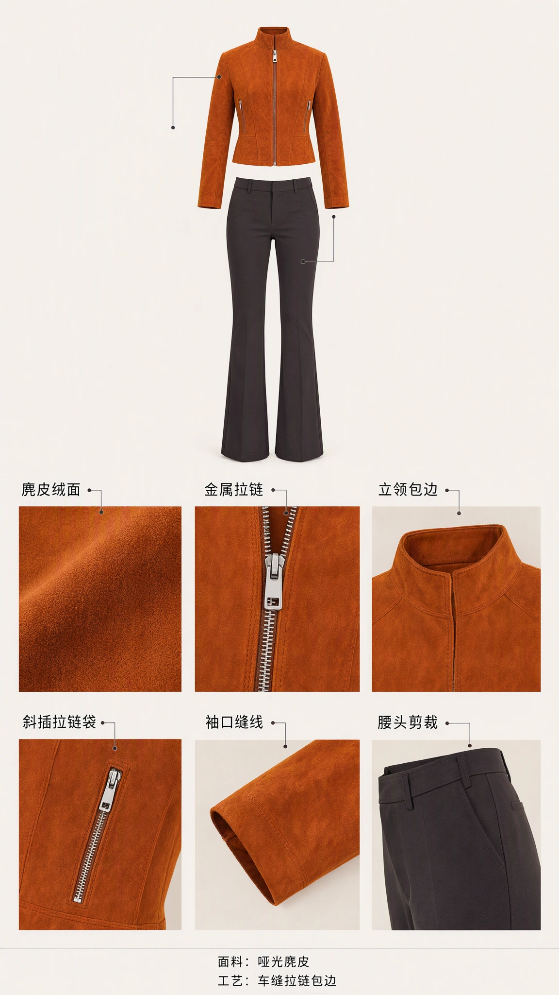 Product detail breakdown of faux suede jacket showing zipper, stand collar, and trouser waistband