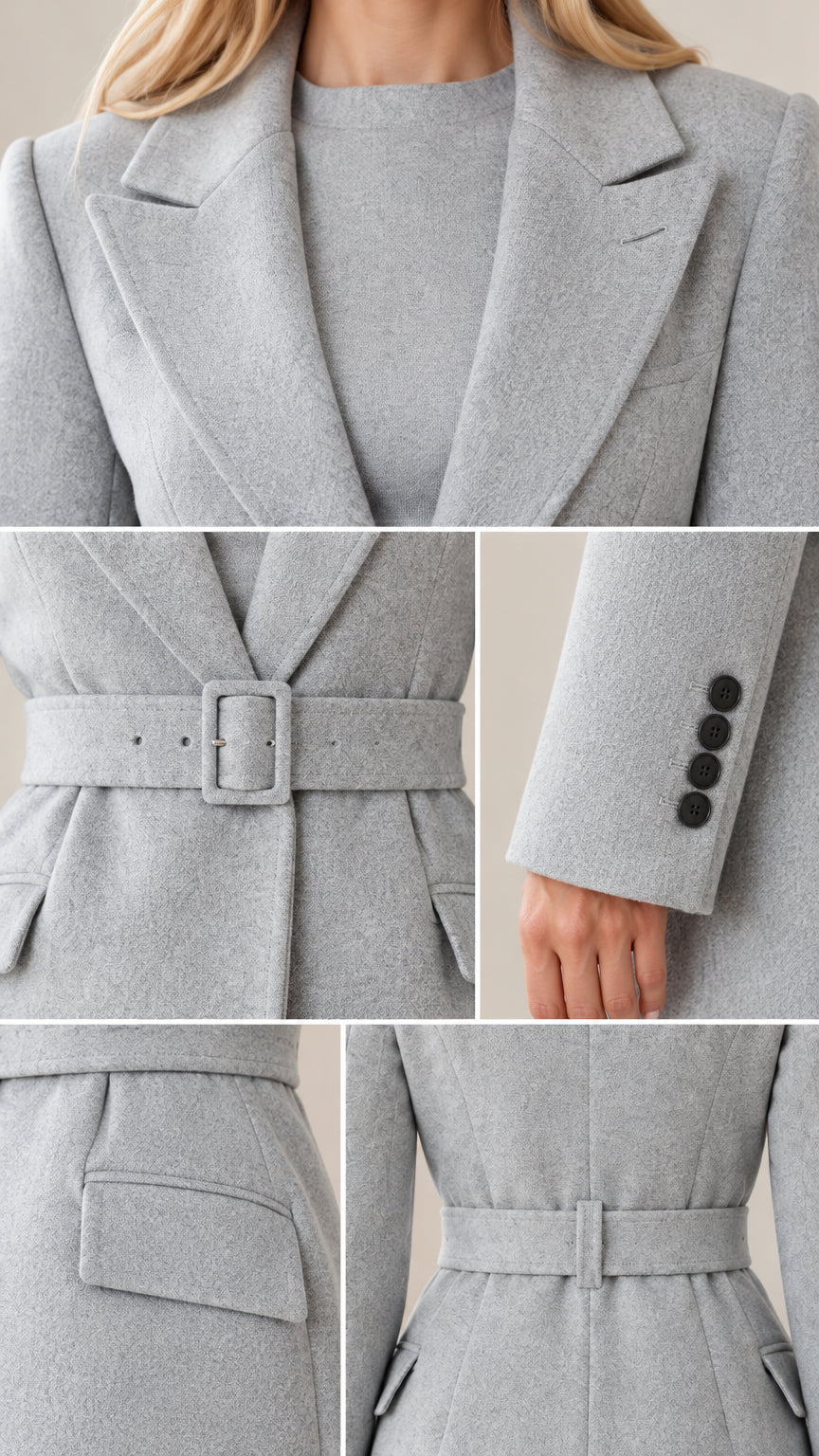 Close-up details of collar, buckle belt, flap pocket, and sleeve buttons
