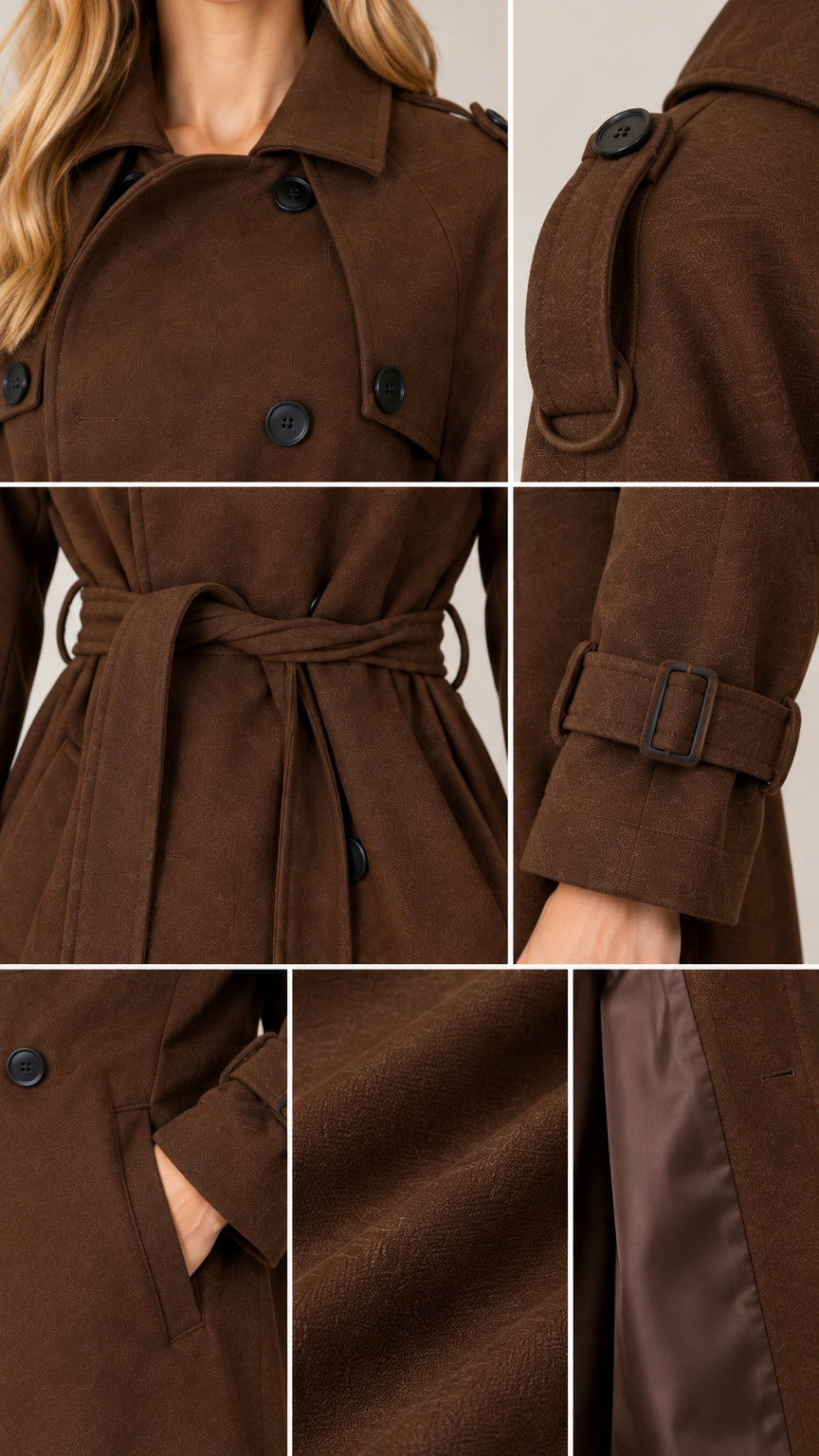 Detailed close-up views of lapel, epaulettes, cuff buckle, pockets, and fabric lining
