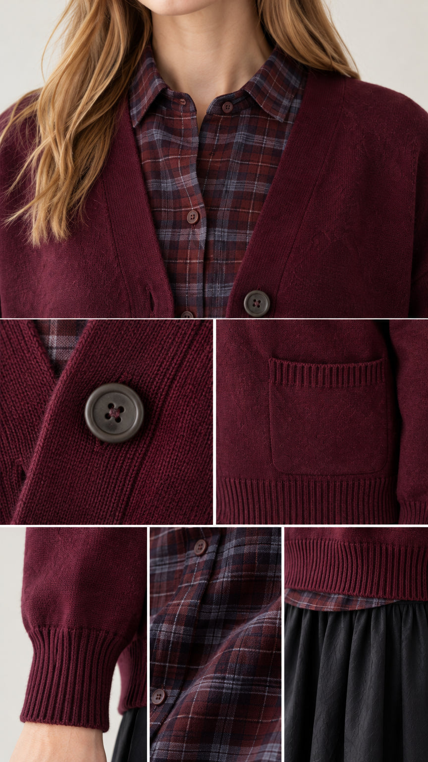 Detailed close-ups of burgundy cardigan V-neckline, tonal buttons, front pocket, and ribbed hem