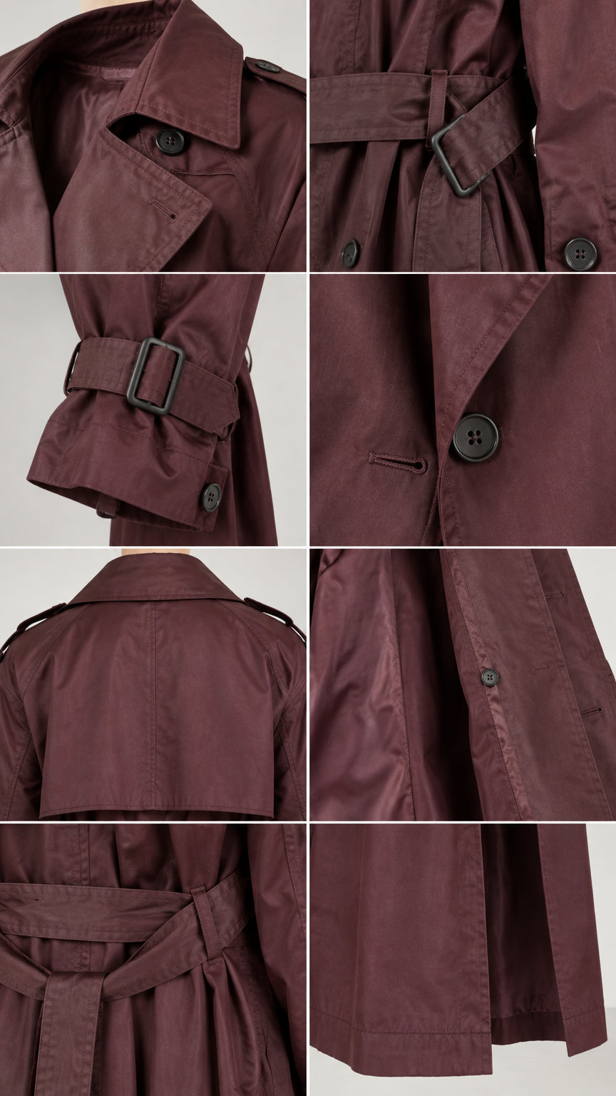 Detailed collage of burgundy trench coat collar, buckle belt, cuffs, and hem