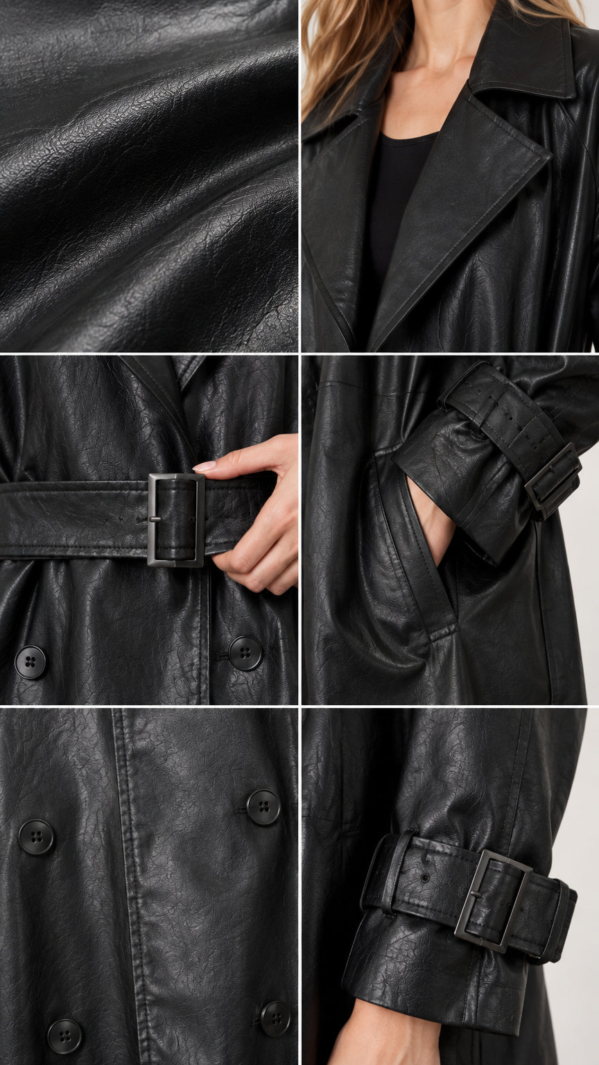 Close up collage of black faux leather trench coat details including collar, belt buckle, and cuff strap