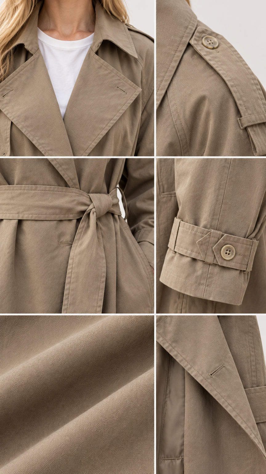 Detail montage showing lapels, shoulder epaulettes, tie belt, cuff tab, and fabric texture
