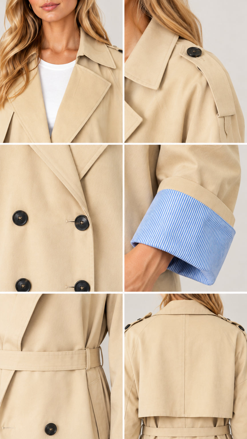 Close-up details of trench coat lapel, buttoned shoulder epaulet, double-breasted closure, striped cuff, and belt