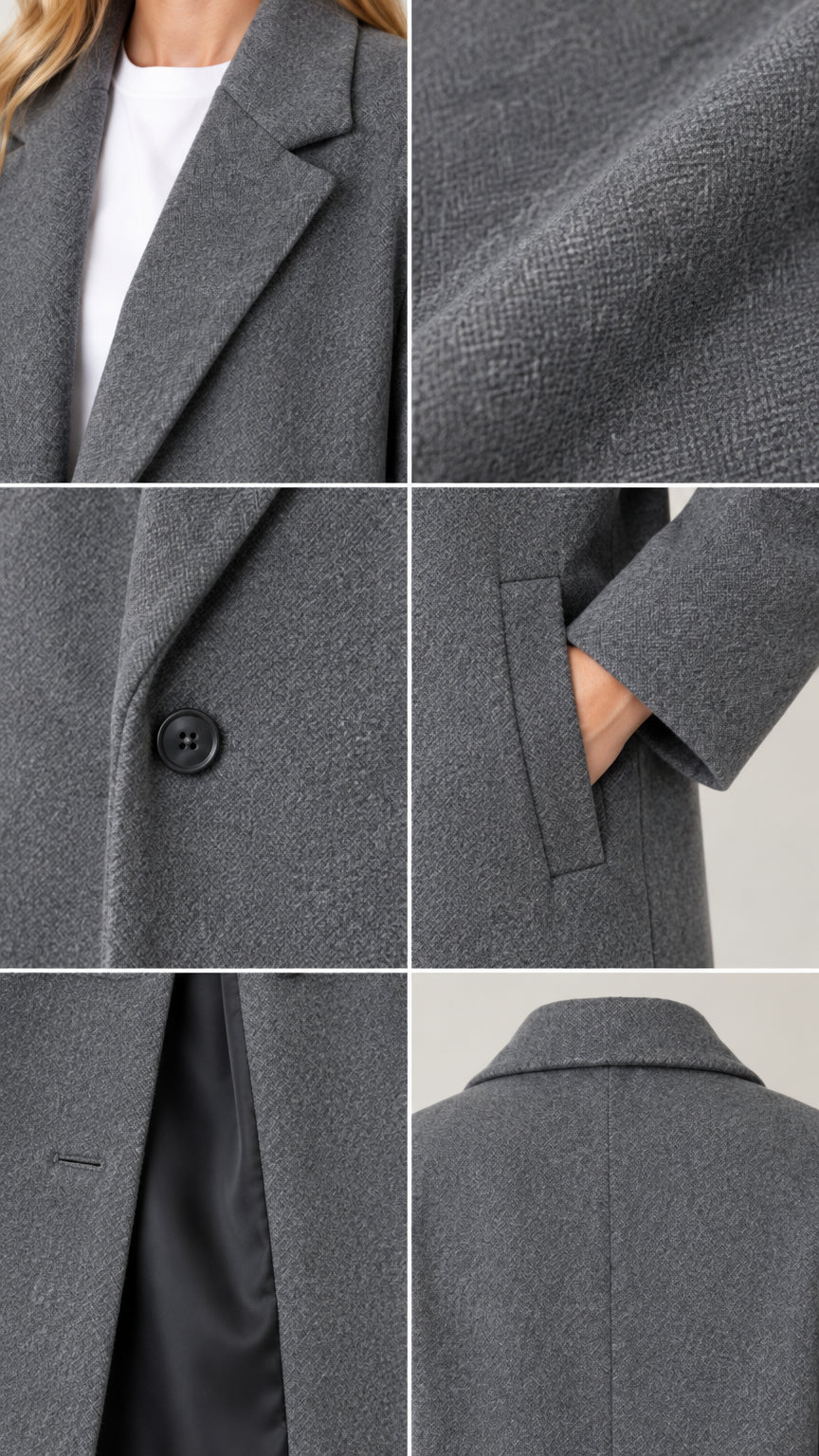 Close-up collage of coat details including notched collar, textured grey fabric, single button closure, welt pocket, and smooth lining