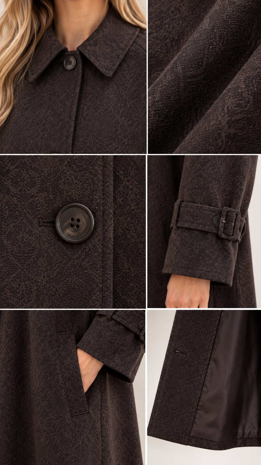 Close-up details of collar, woven fabric texture, matching buttons, buckled wrist strap, side pocket, and inner lining