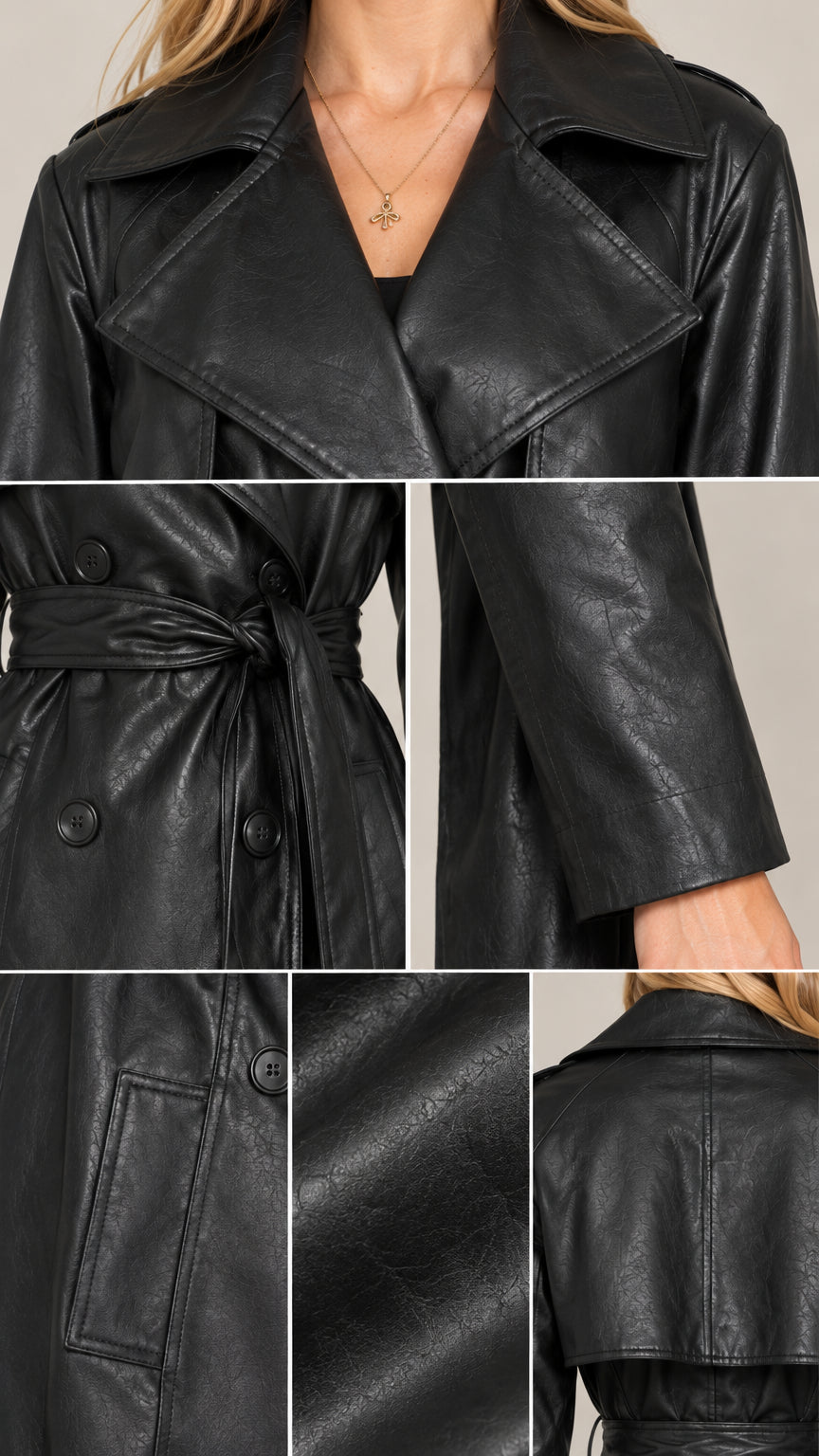 Close-up details of black faux leather trench coat including notched lapel, belted waist, sleeve cuff, and pocket