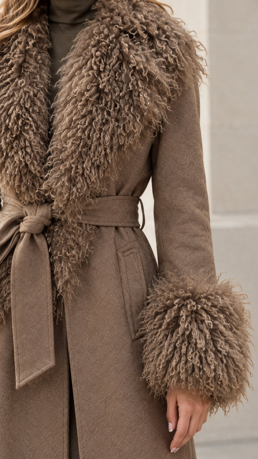 Close-up detail of curly faux fur collar, lapels, and waist tie on brown coat