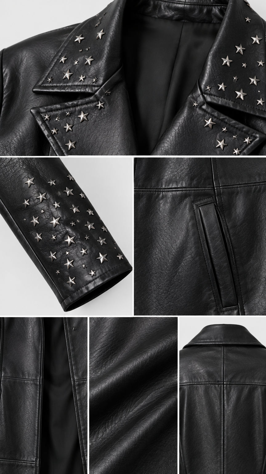 Close-up details of metallic star studs, cuffs, pockets, and faux leather texture