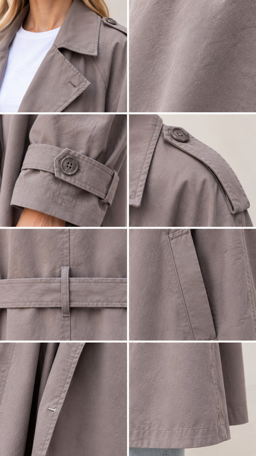 Close-up details of collar, shoulder button epaulets, sleeve cuff strap, and pocket stitching