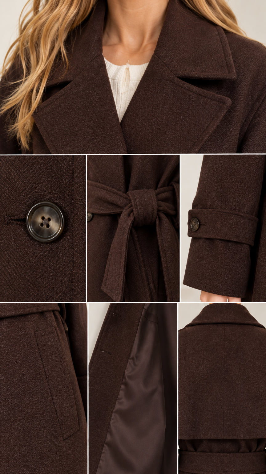 Detailed close-up collage of overcoat lapels, buttons, belt tie, cuffs, pocket, and lining