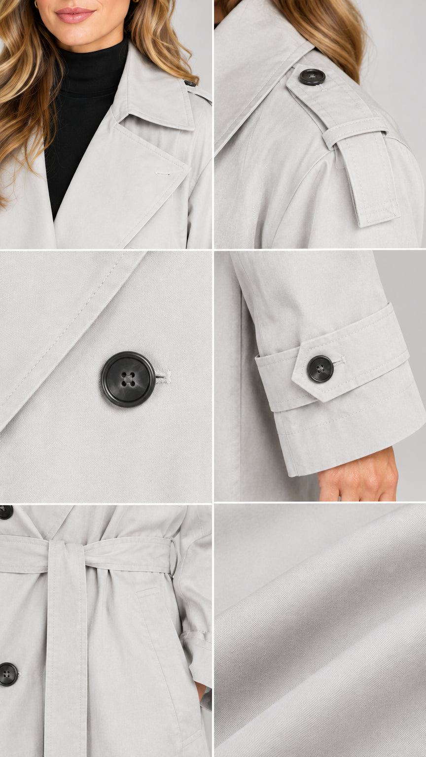 Close-up collage of light grey trench coat details including lapel, epaulette, button, cuff strap, belt, and fabric texture