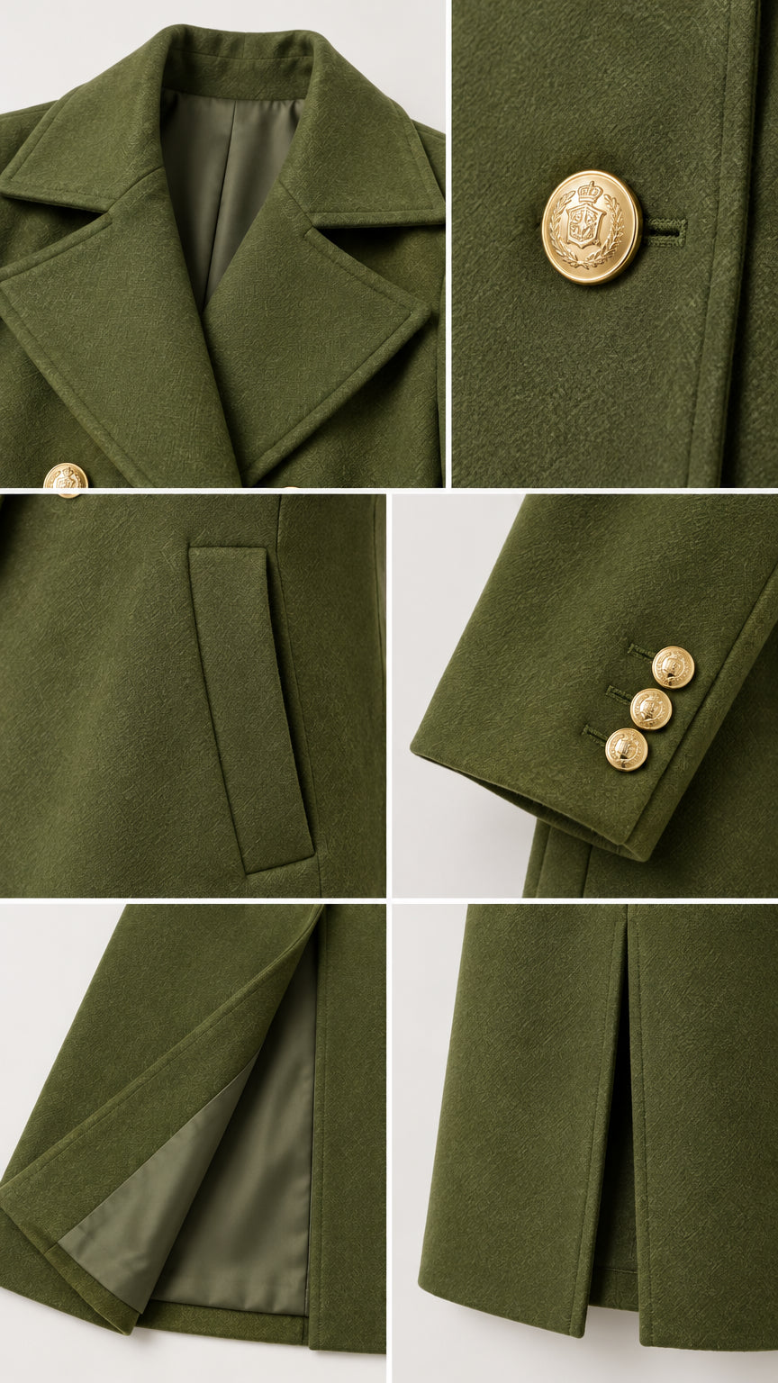 Detailed close-up collage of lapel, embossed gold crest buttons, welt pocket, and back vent