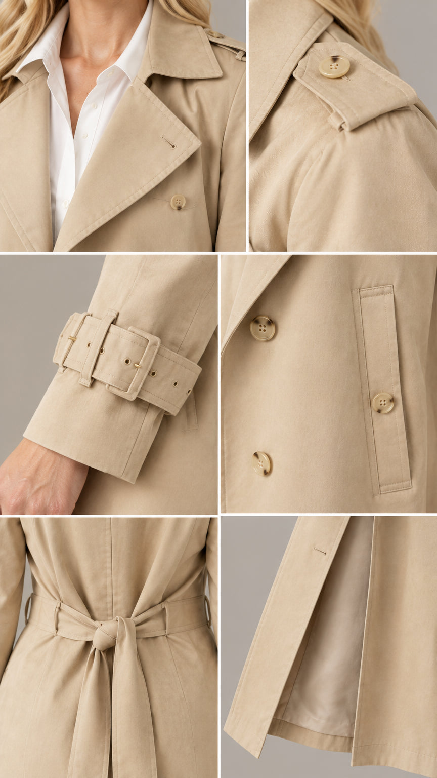 Close-up collage of trench coat details including lapel, shoulder epaulet, buckled cuffs, and pocket