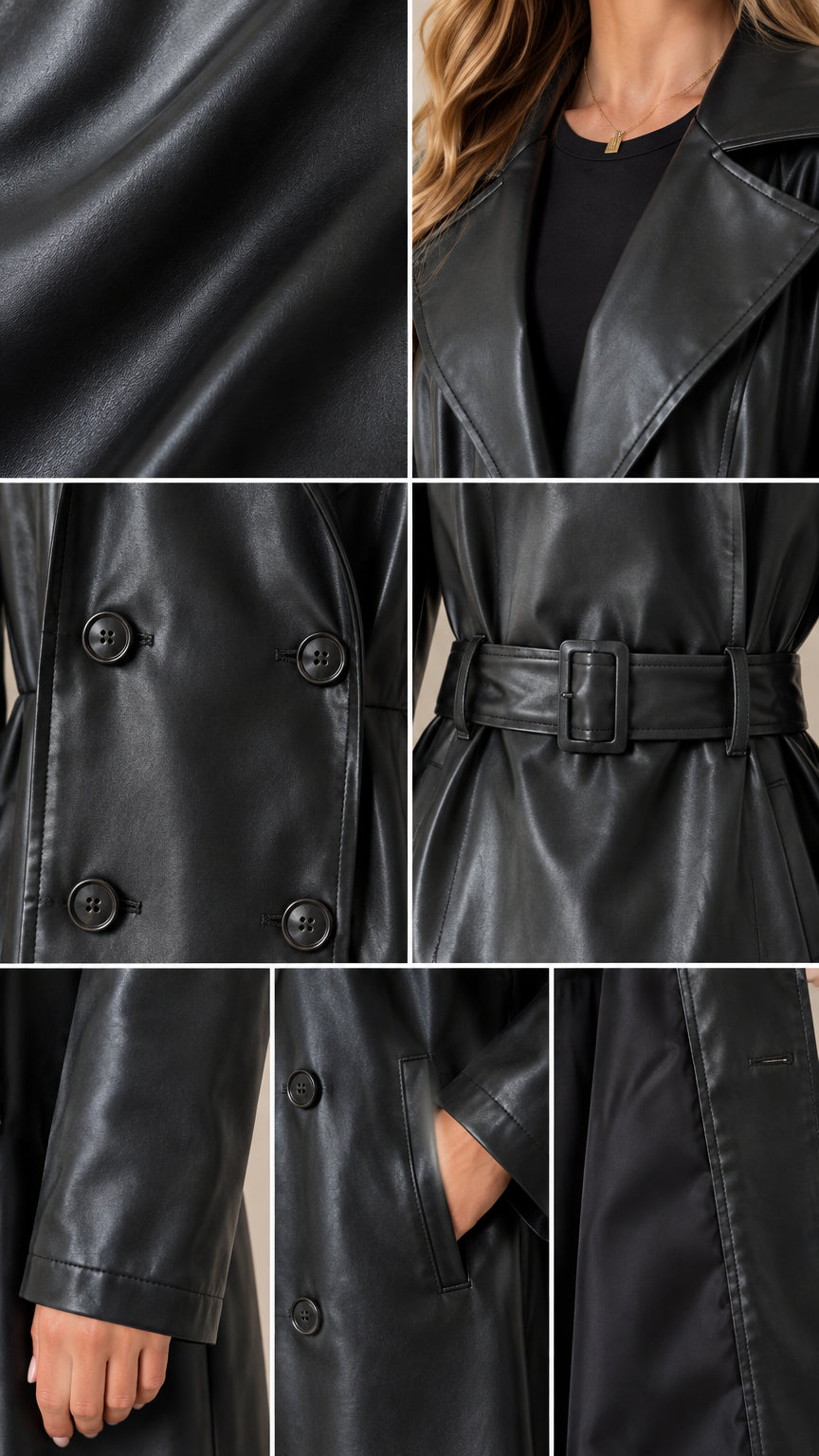 Close-up details of black faux leather trench coat showing fabric grain, lapel, buttons, buckled belt, and pocket