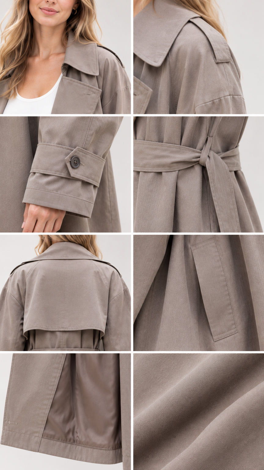 Detailed collage of trench coat collar, shoulder tabs, cuffs, belt, pocket, and fabric texture
