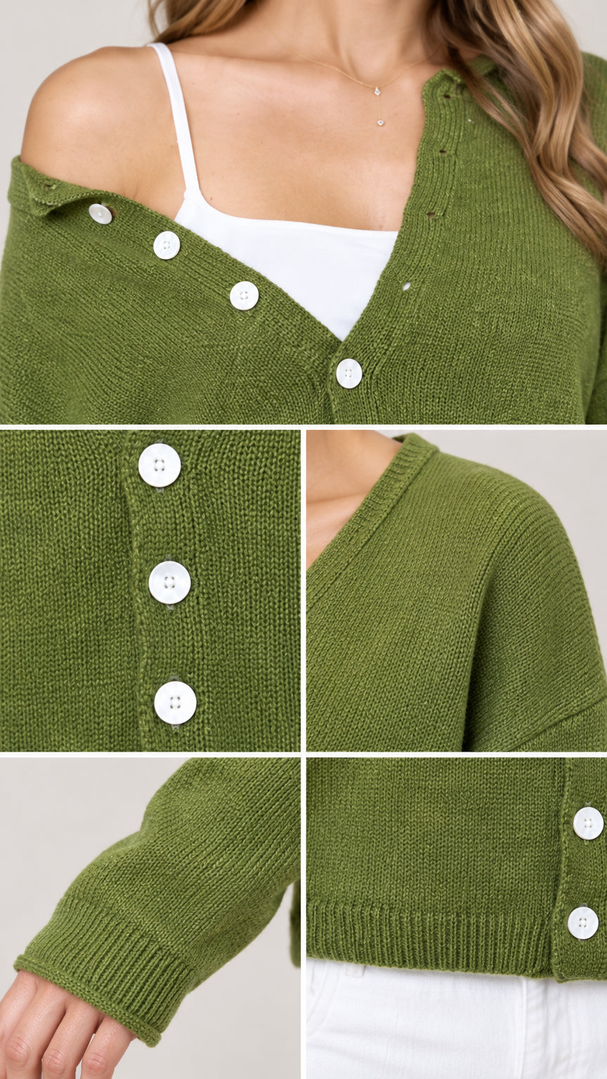 Detailed close-up collage of green knit cardigan showing buttons, neckline, cuff, and ribbed hem