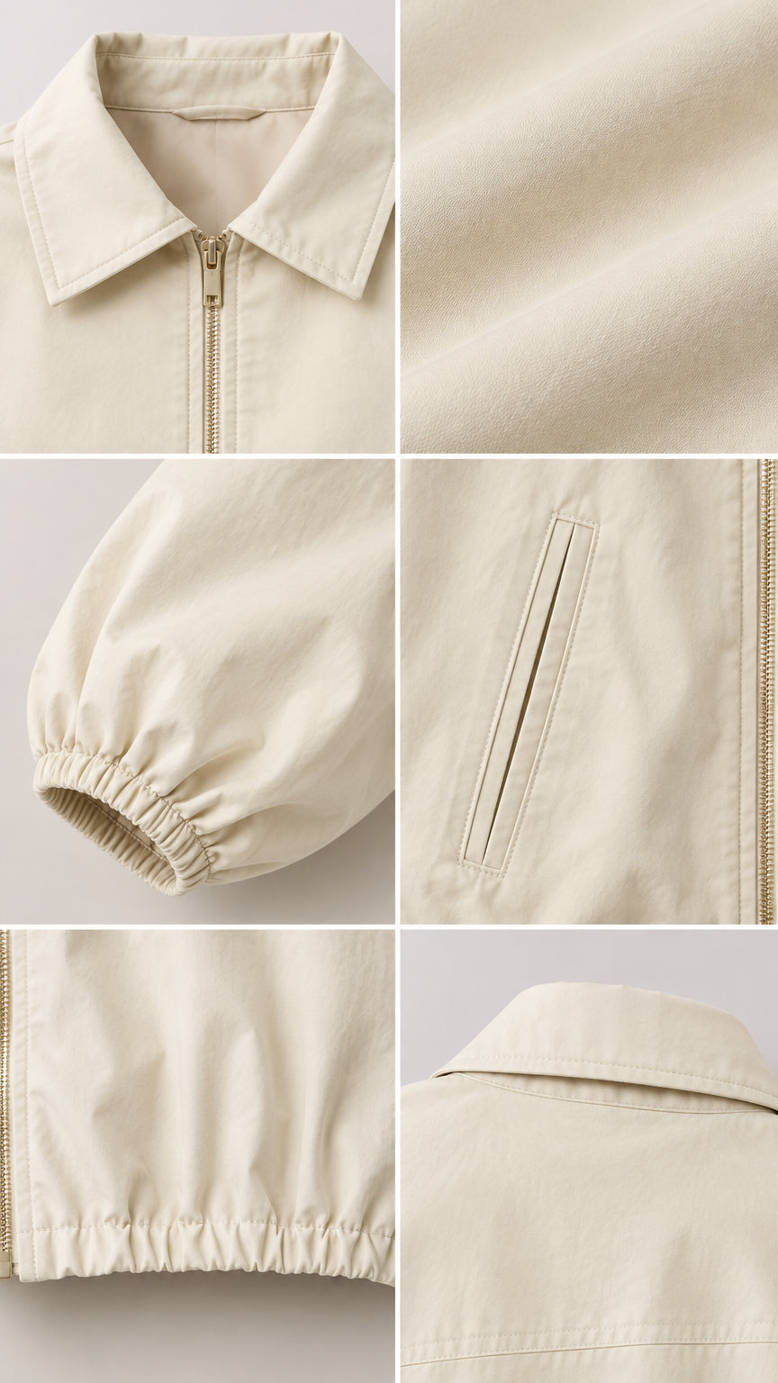 Collage of close-up construction details on beige jacket including collar, cuffs, pocket, and fabric