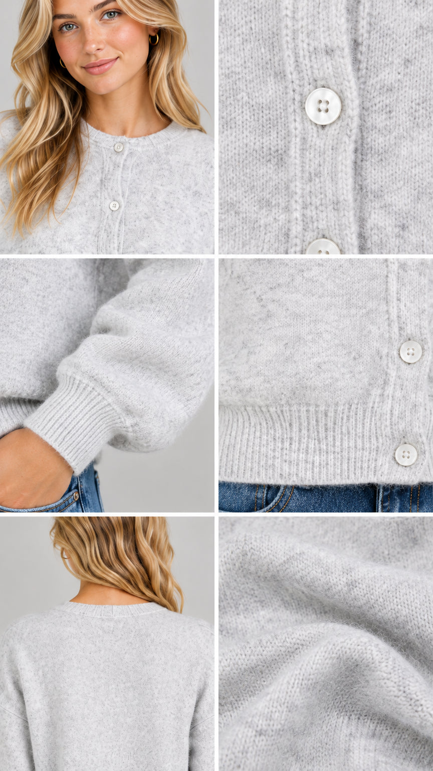 Close-up details of fuzzy knit texture, round buttons, crew neckline, and ribbed cuff
