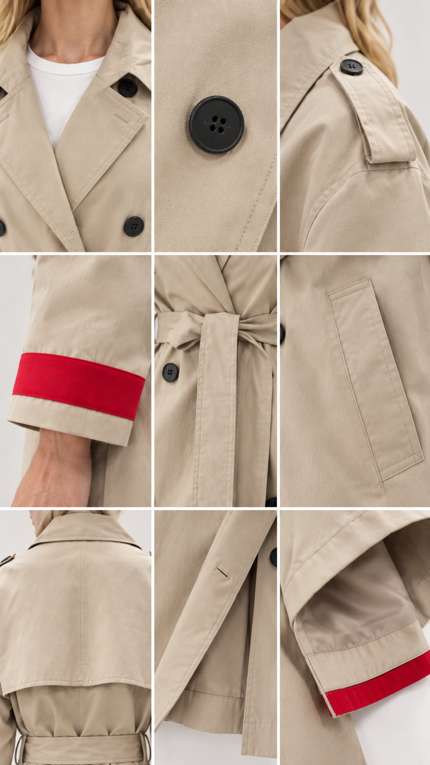 Detailed collage of beige trench coat lapels, horn buttons, shoulder epaulets, side pockets, and red cuff trim