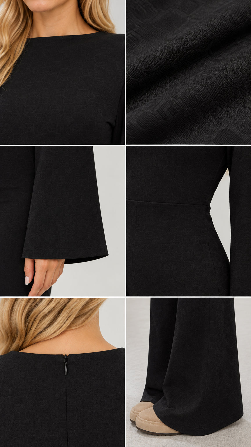 Close-up details of neckline, textured fabric, flared bell sleeve, waistline seam, back zipper, and hem