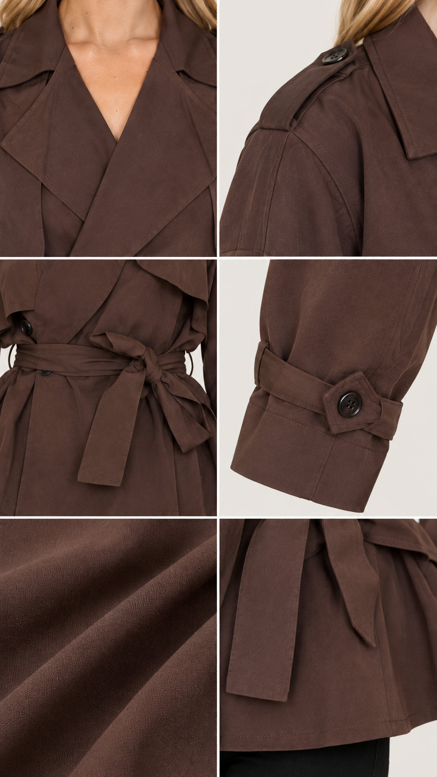 Close-up collage of brown trench jacket showing lapel collar, shoulder tab, belt tie, and cuff buttons