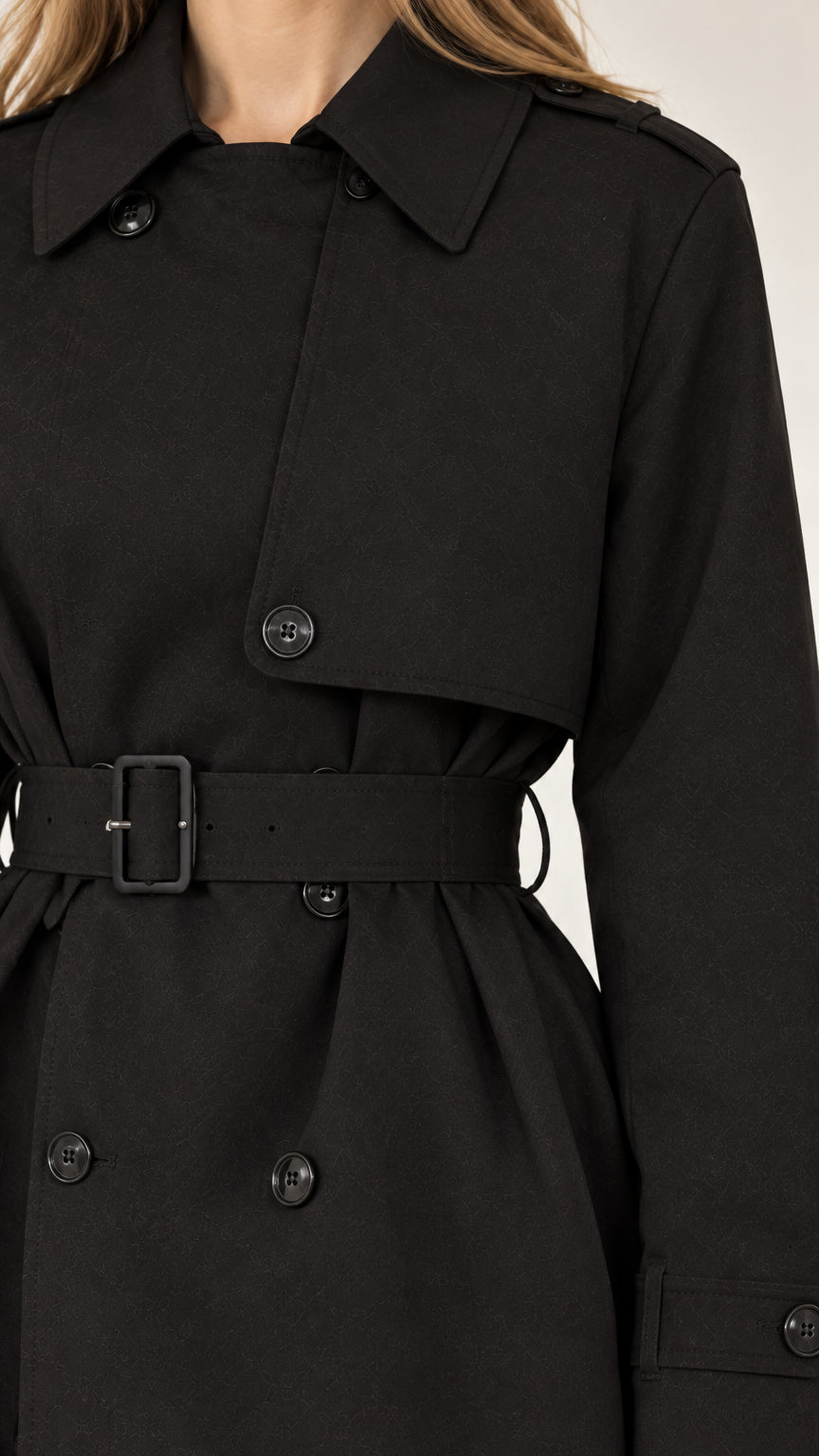 Close-up detail of black trench coat collar, storm flap, buttons, and buckled belt