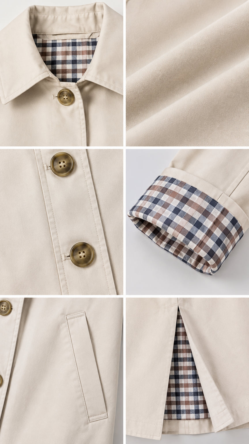 Detailed close-up collage of beige trench coat showing plaid collar lining, buttons, cuffs, pocket, and back vent