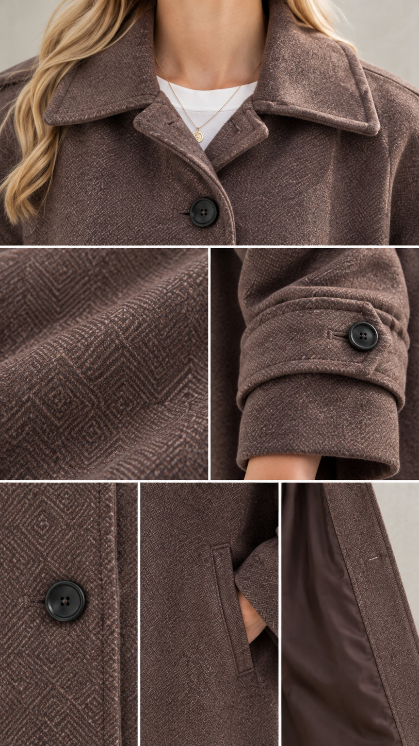 Close-up details of brown coat showing lapel, woven fabric texture, cuff button, welt pocket, and lining