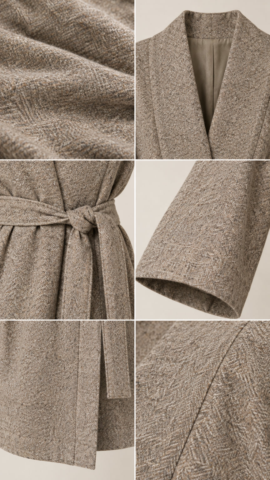 Close-up detail collage showing herringbone weave texture, neckline, tie belt knot, sleeve cuff, and hemline slit
