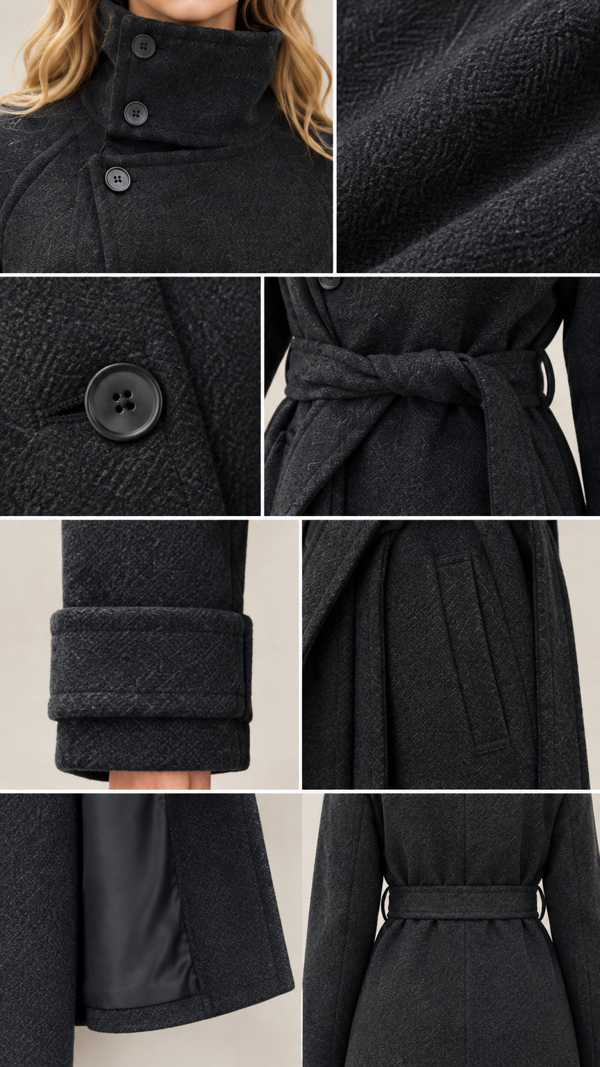 Close-up details of black overcoat showing high button collar, woven fabric, tie belt, cuff strap, and lining