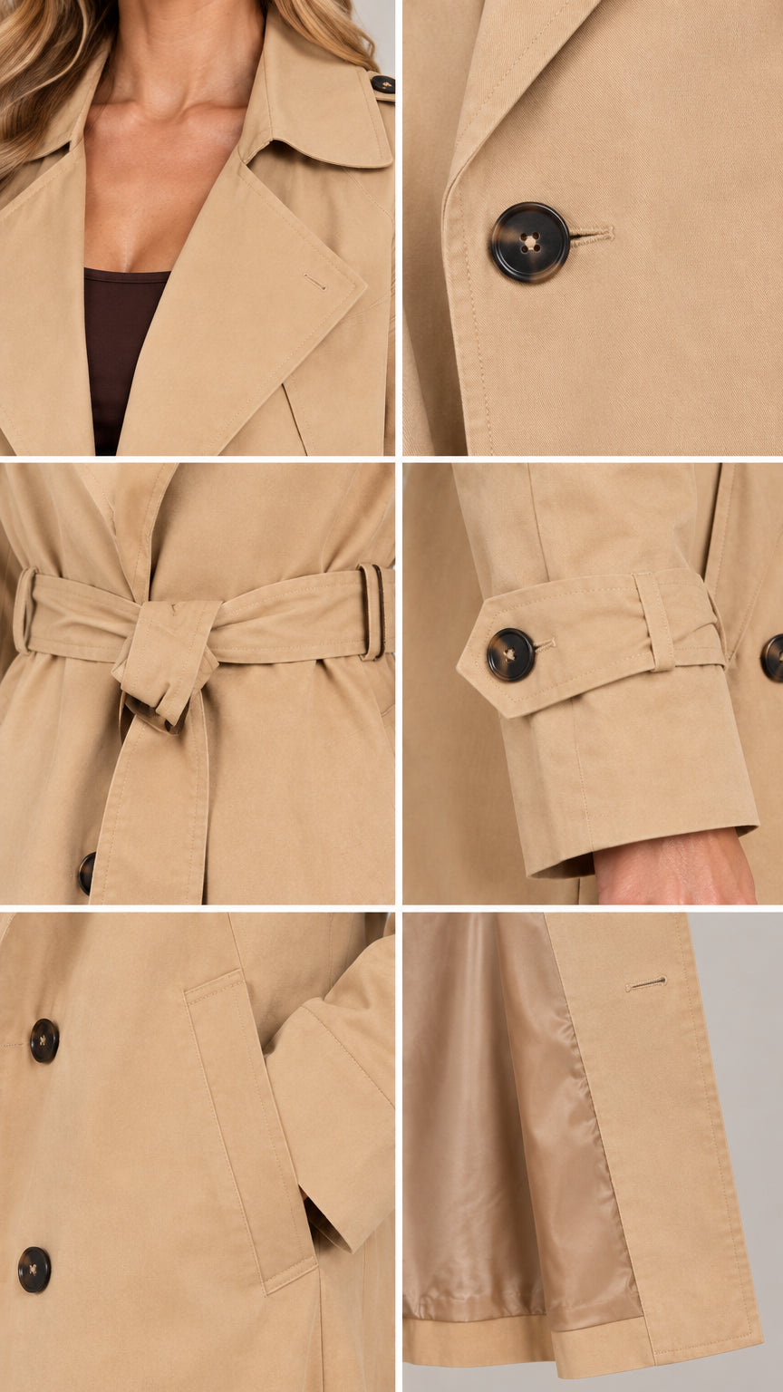 Detailed close-up collage of lapel, buttons, belt, cuff tab, pocket, and lining on camel trench coat