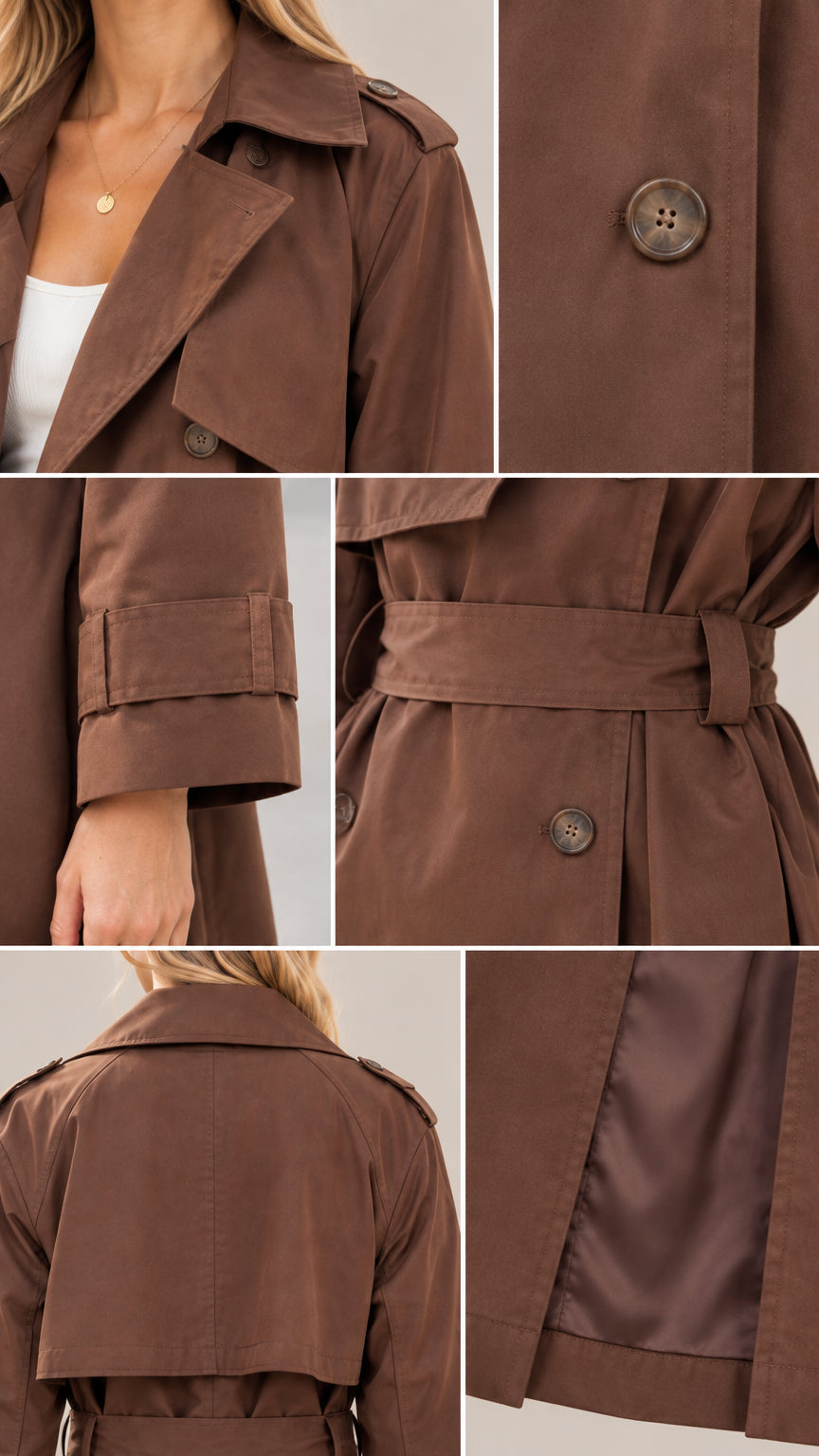Detailed collage showing the lapel collar, button, cuff strap, belt, and lining of the trench coat