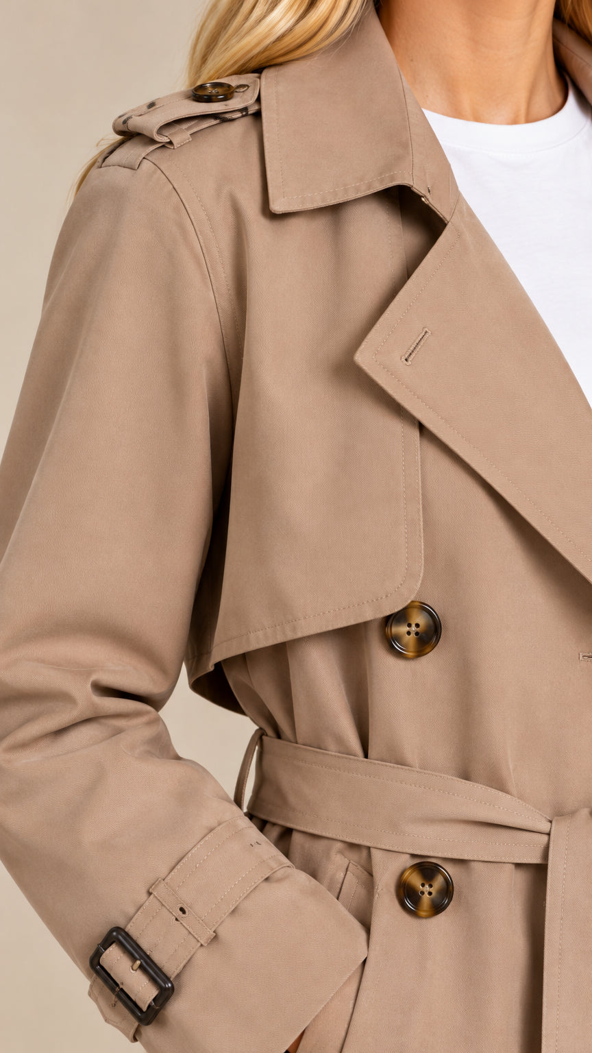 Close-up detail of khaki trench coat collar, shoulder epaulet, and buckled cuff strap