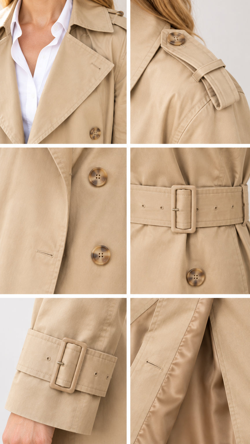 Close-up details of collar lapels, buttoned epaulettes, horn buttons, buckle belt, and sleeve tabs