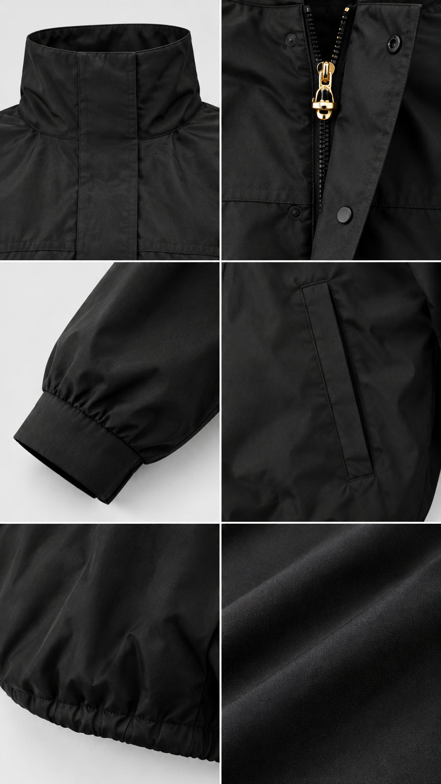 Collage of close-up construction details of black windbreaker showing collar, zip pull, cuffs, and pocket