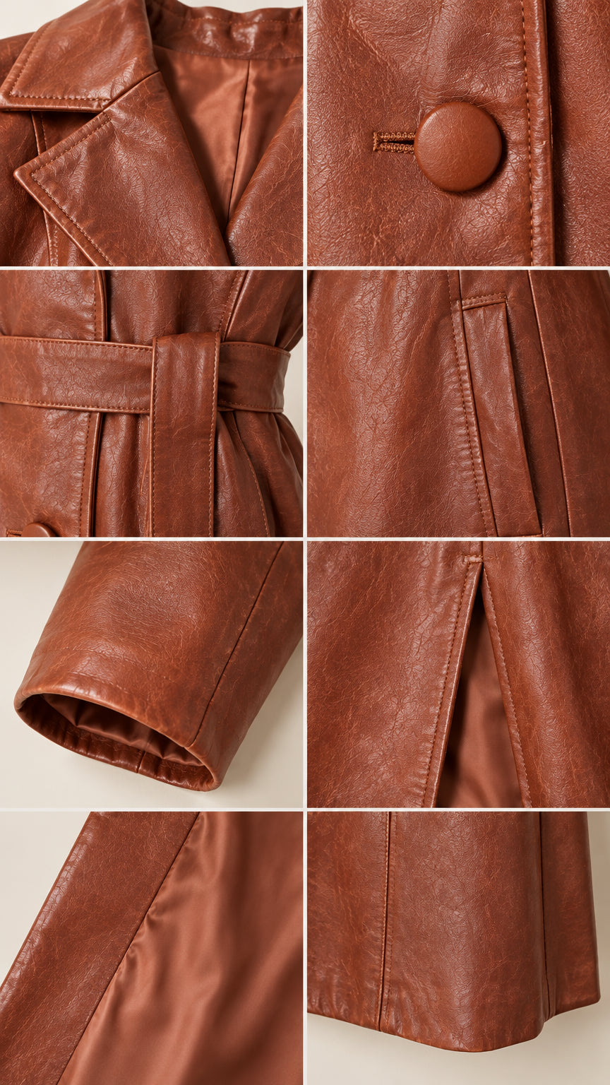 Detail view of brown faux leather coat showing collar, covered button, belt loops, welt pocket, sleeve, and lining