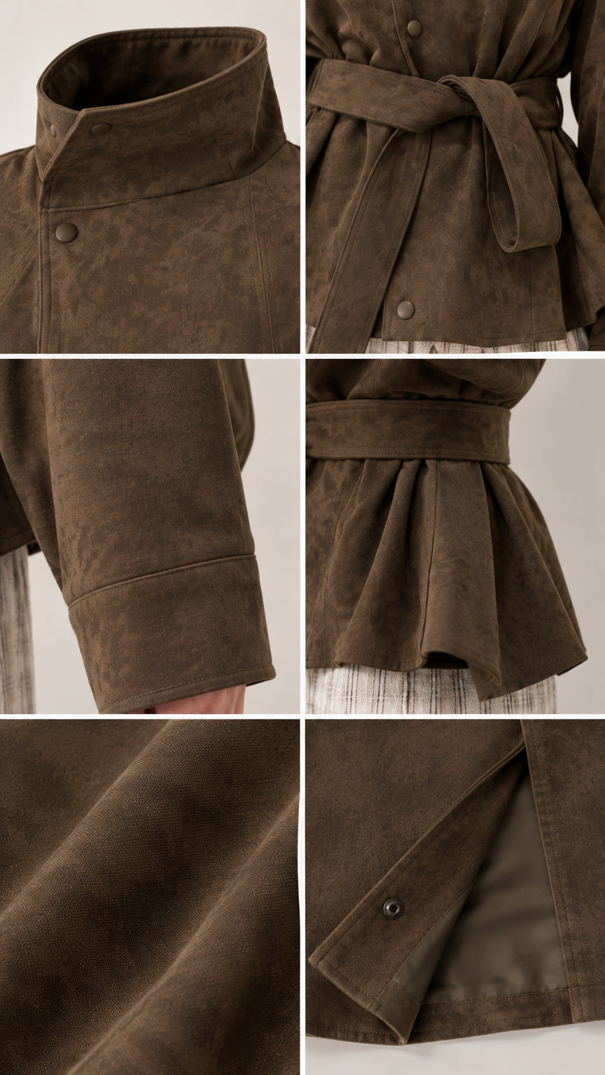 Close-up details of dark olive jacket showing stand collar, tie belt, cuff seams, texture, and snap placket