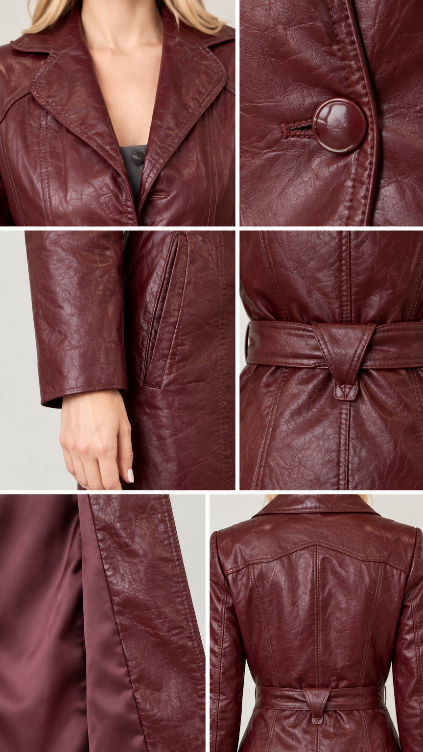 Close-up detail collage of collar, button, sleeve, back seam, and inner lining on burgundy coat