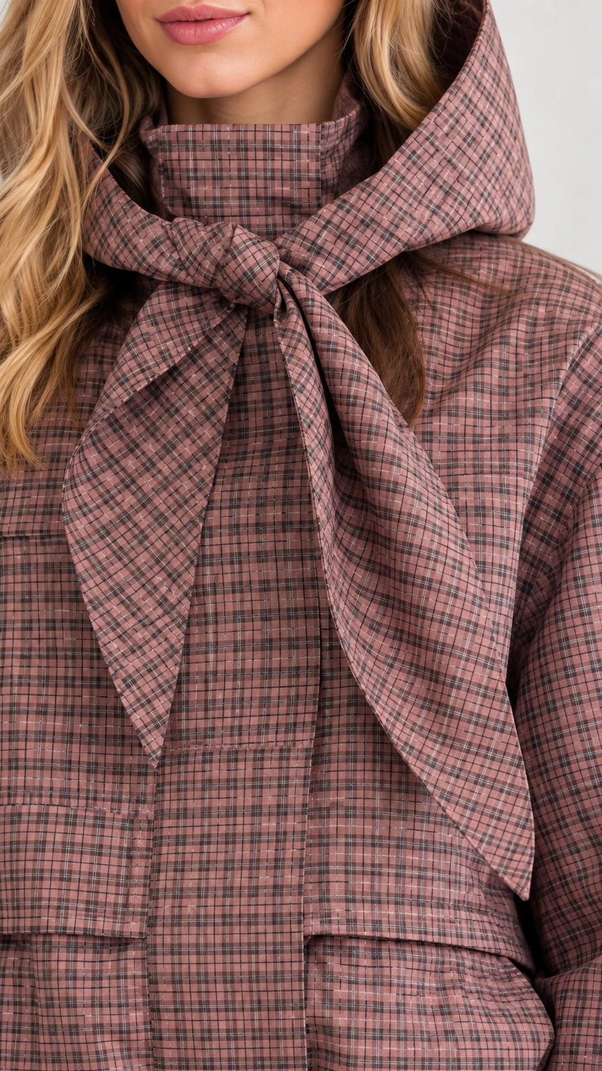 Close-up detail of dusty rose plaid pattern, high collar, and front scarf tie bow