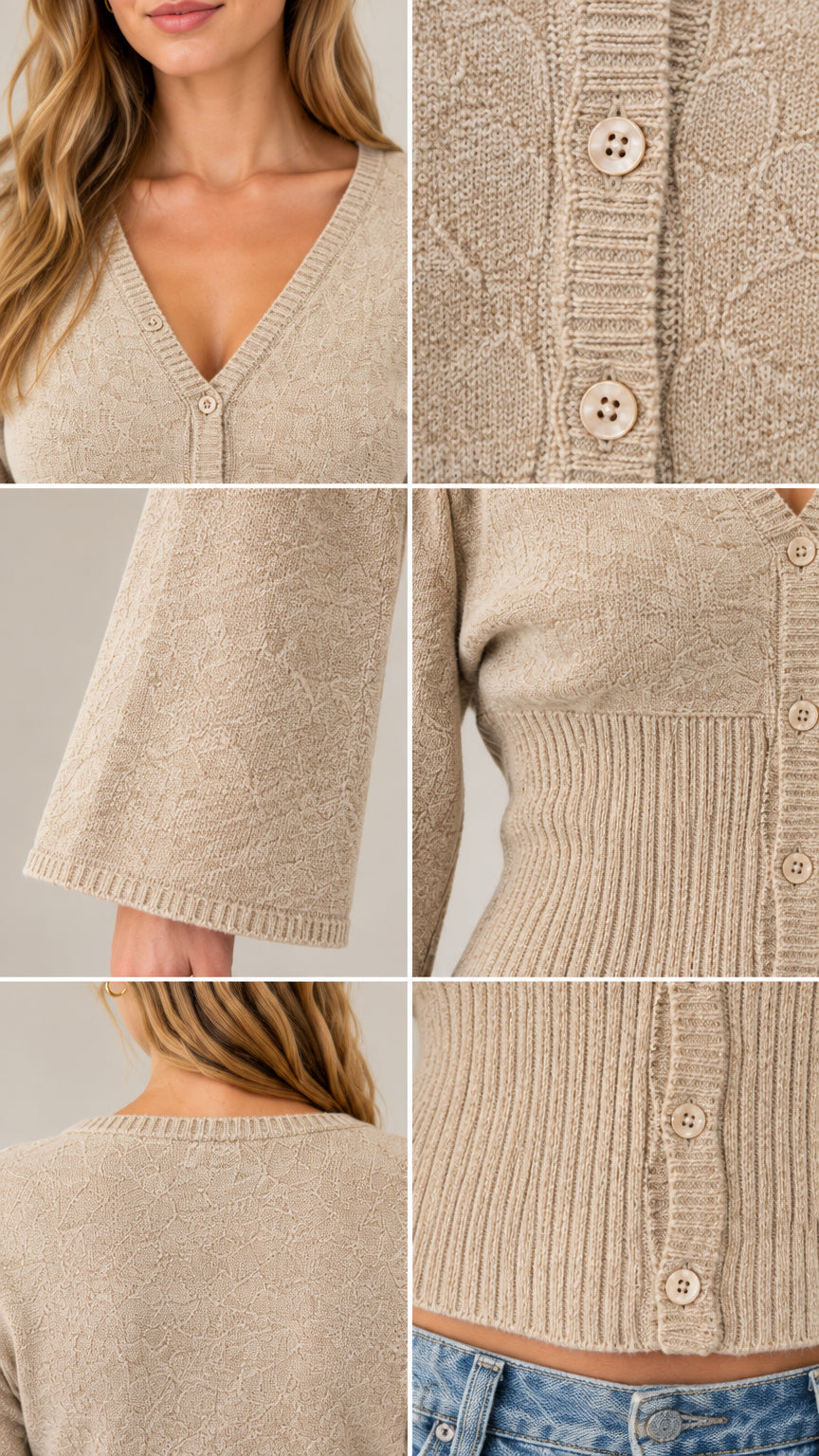 Detailed collage showing neckline, buttons, ribbed waist, and flared sleeves of beige cardigan