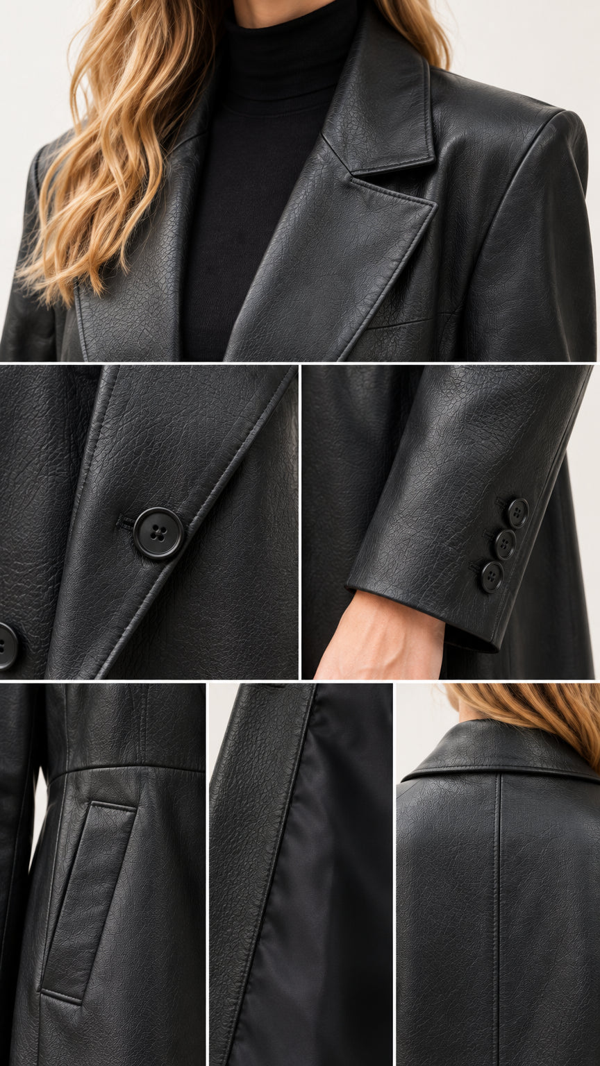 Collage of close-up construction details of black faux leather coat showing lapel, button, cuff, and pocket