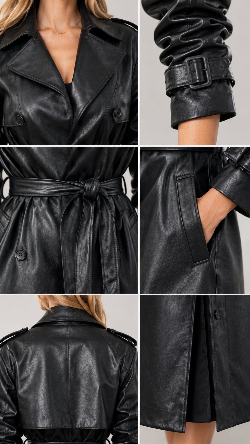 Close-up details of collar lapel, cuff buckle, tie belt, pockets, and hem slit on black faux leather coat